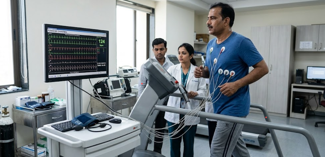 Patient performing a cardiac stress test on a treadmill with ECG electrodes attached for heart health monitoring