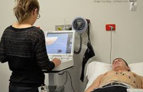 Stress echocardiogram scans showing cardiac wall motion at base, low, peak, and post-stress stages