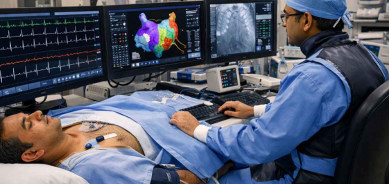 Electrophysiology study diagram showing catheters in heart chambers with labeled HRA, HIS, and RVA positions
