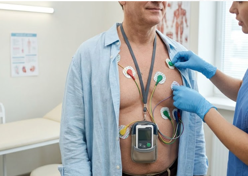 Portable Holter monitor on a patient's chest with electrodes for continuous 24 to 48 hour heart rhythm monitoring