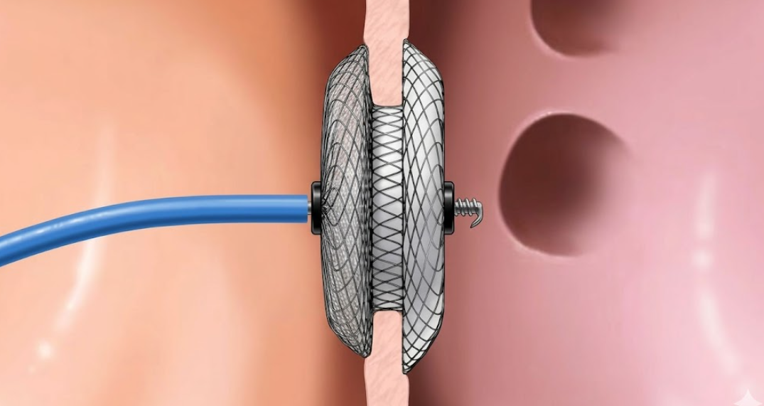 Medical diagram showing a septal occluder device being placed to close a hole in the heart septum