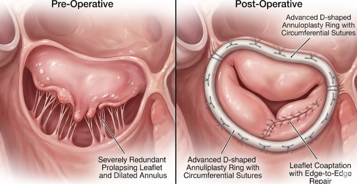 Illustration showing heart valve repair and heart valve replacement with surgical sutures and prosthetic valve