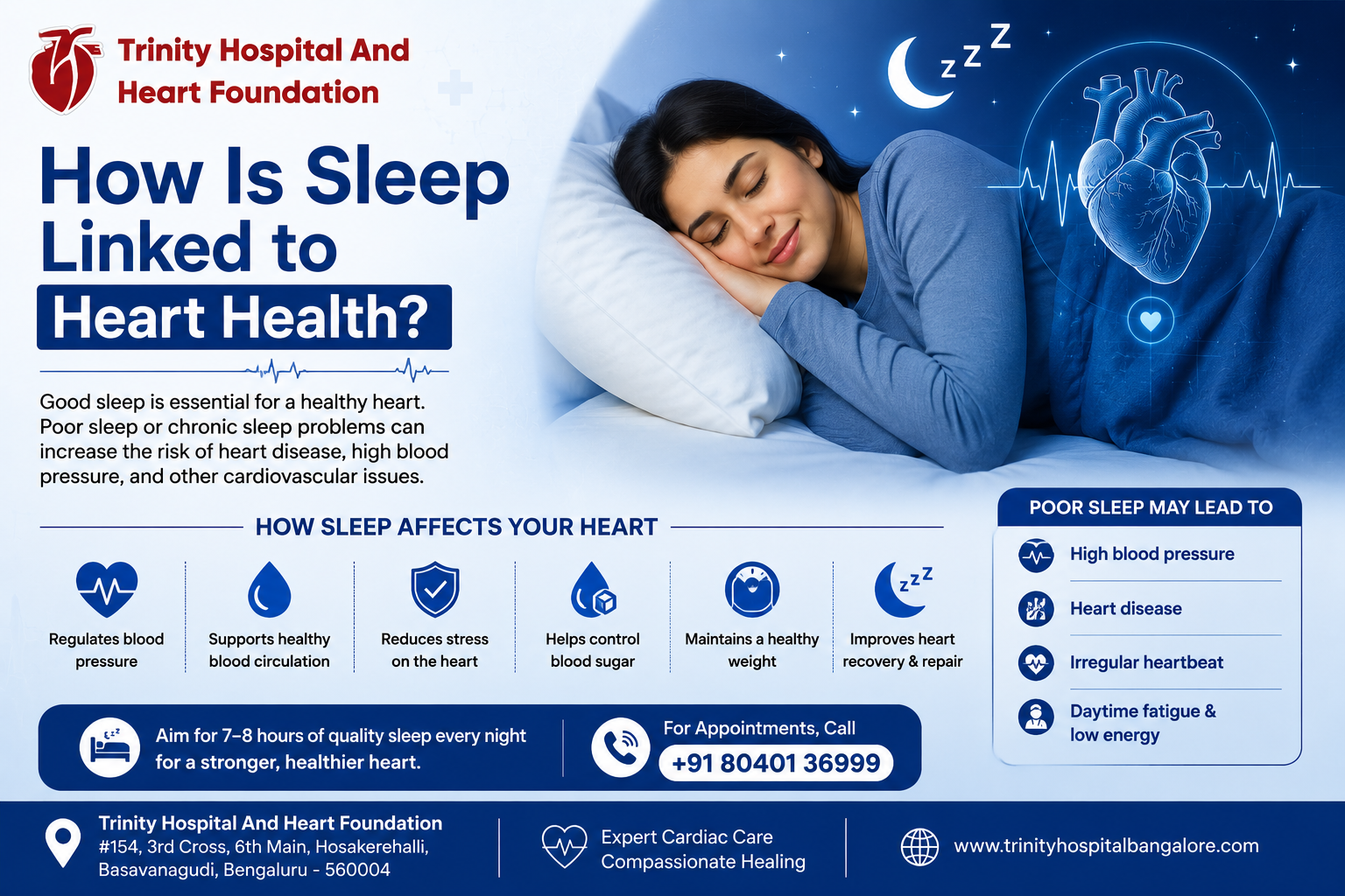 Sleep - Trinity Hospital & Heart Foundation Infographic promoting how sleep affects heart health, showing a woman sleeping in bed with a heart illustration and hospital branding on the left side.
